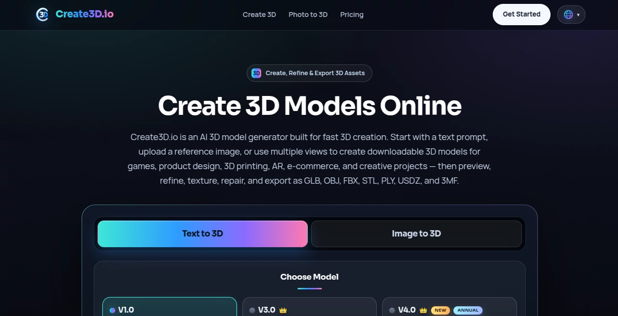 Screenshot of Create3D.io – An AI tool in the ,AI 3D Model Generator ,AI Text to 3D ,AI Image to 3D Model ,Design & Art  category, showcasing its interface and key features.