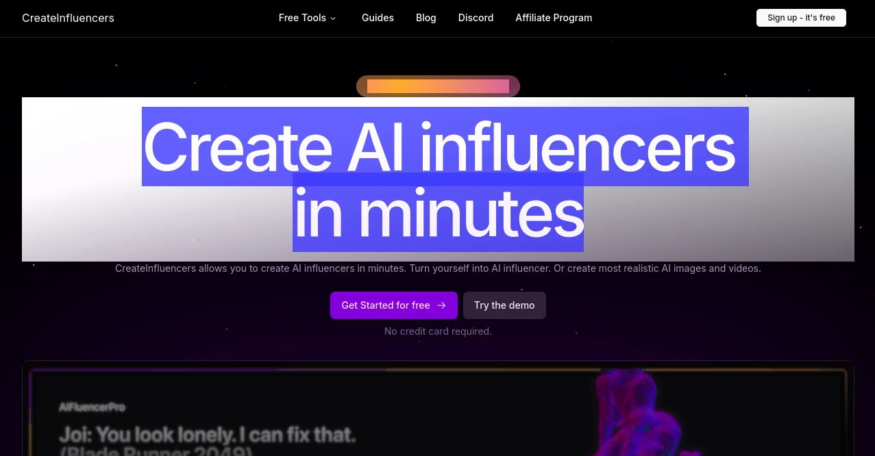 Screenshot of CreateInfluencers – An AI tool in the ,AI Photo & Image Generator ,AI Content Generator ,AI Video Generator ,AI Avatar Generator  category, showcasing its interface and key features.