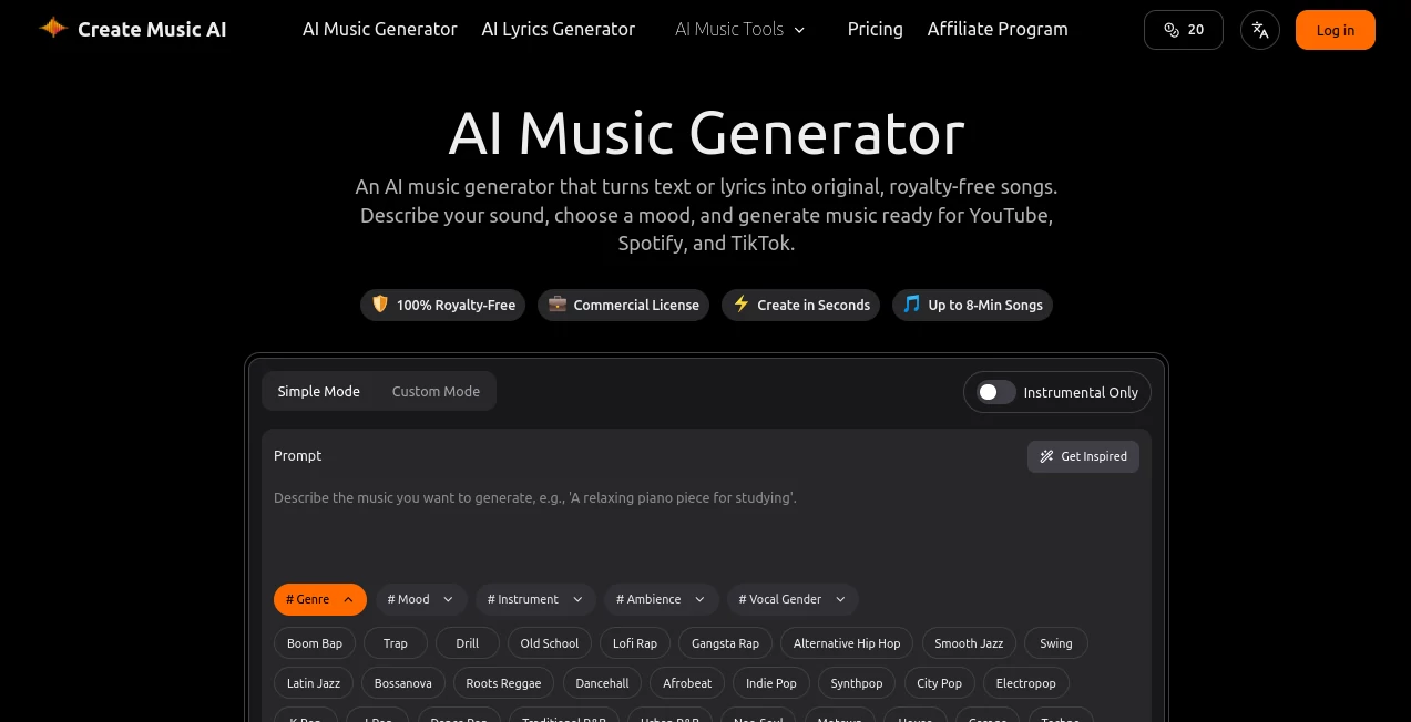 Screenshot of Create Music AI – An AI tool in the ,AI Audio Enhancer ,AI Music Generator ,AI Voice & Audio Editing ,AI Text to Music  category, showcasing its interface and key features.