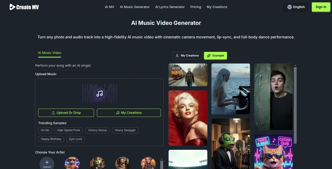 Screenshot of CreateMusicVideo.ai – An AI tool in the ,AI Animated Video ,AI Music Video Generator ,AI Video Generator ,AI Music Generator  category, showcasing its interface and key features.