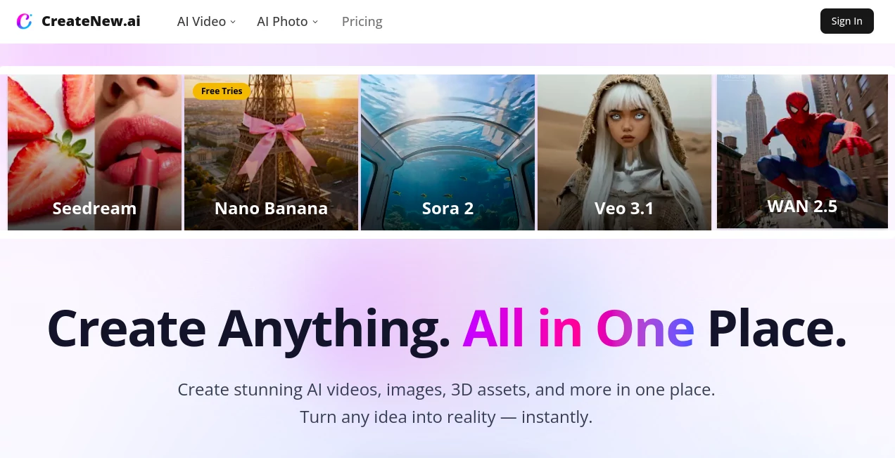Screenshot of CreateNew.ai – An AI tool in the ,AI Photo & Image Generator ,AI Text to Video ,AI Video Generator ,AI Art Generator  category, showcasing its interface and key features.