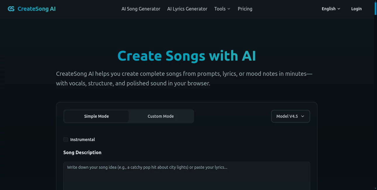 Screenshot of CreateSong AI – An AI tool in the ,AI Music Generator ,AI Voice & Audio Editing ,AI Text to Music ,AI Singing Generator  category, showcasing its interface and key features.