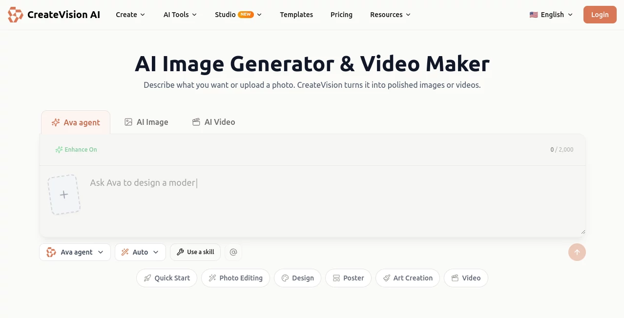 Screenshot of CreateVision AI – An AI tool in the ,AI Text to Image ,AI Photo & Image Generator ,AI Image to Video ,AI Video Generator  category, showcasing its interface and key features.