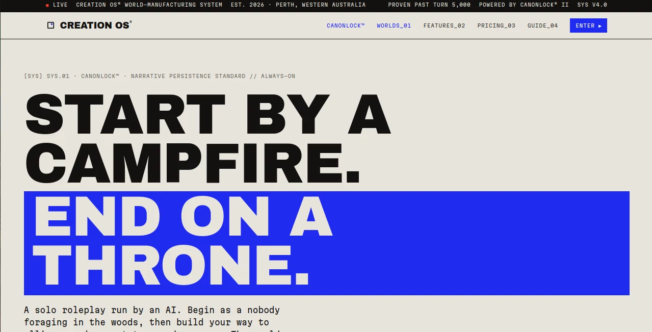 Screenshot of CREATION OS – An AI tool in the ,AI Creative Writing ,AI Content Generator ,AI Character ,AI Game  category, showcasing its interface and key features.