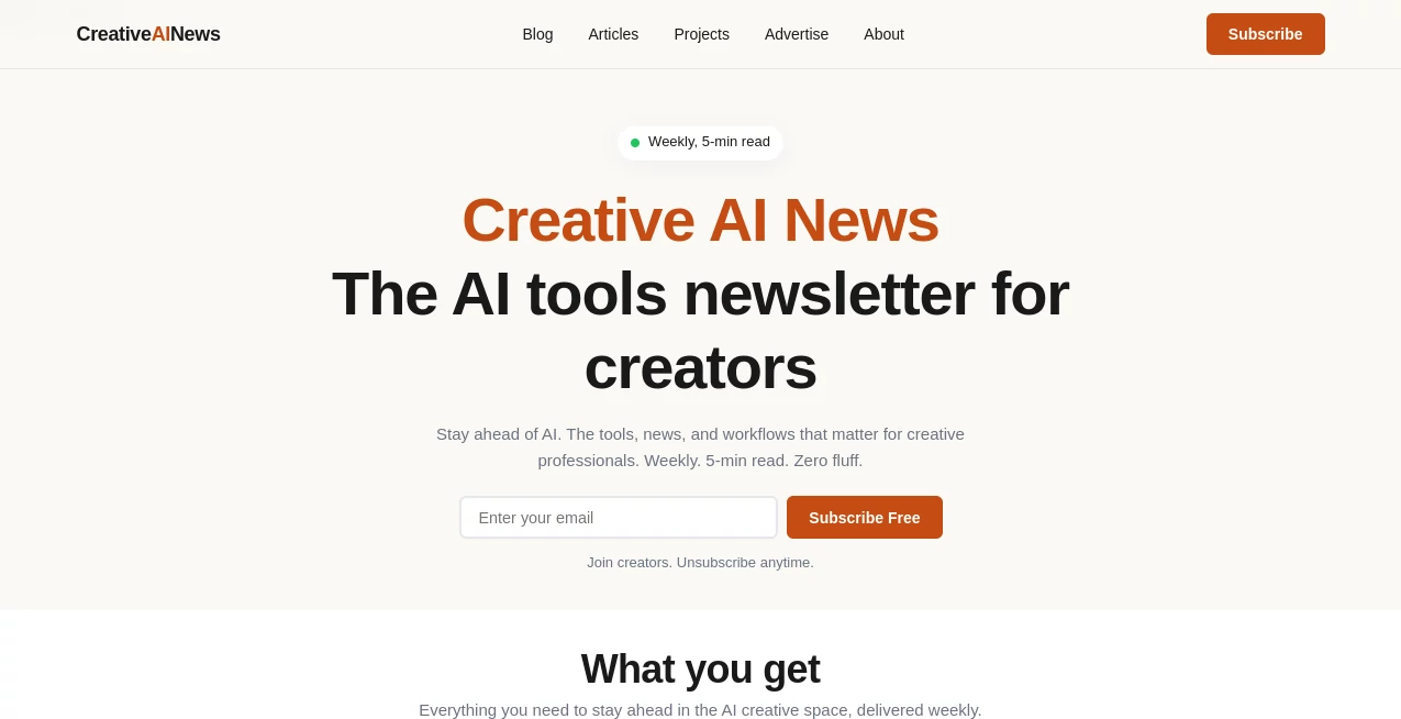 Screenshot of Creative AI News – An AI tool in the ,AI Newsletter ,AI Content Generator ,AI Research Tool ,AI Tools Directory  category, showcasing its interface and key features.