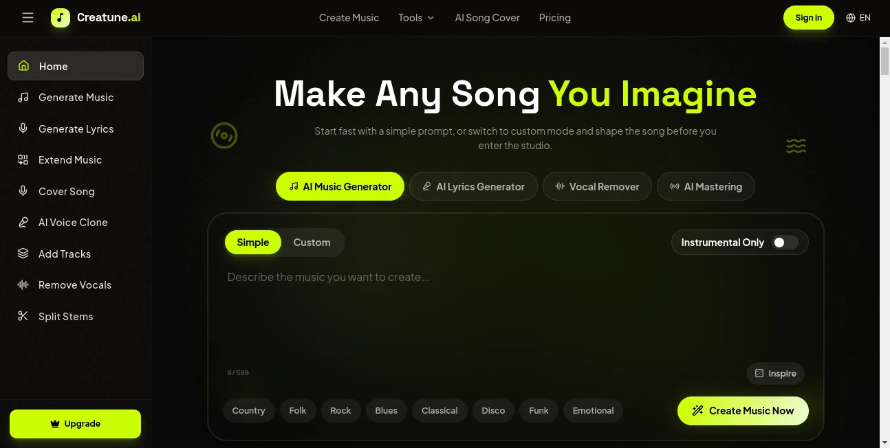 Screenshot of CreatuneAI – An AI tool in the ,AI Audio Enhancer ,AI Music Generator ,AI Text to Music ,AI Productivity Tools  category, showcasing its interface and key features.