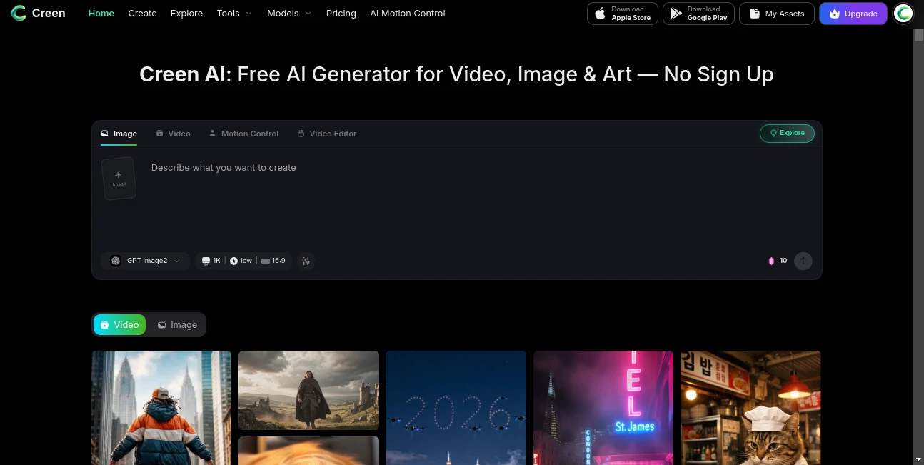 Screenshot of Creen – An AI tool in the ,AI Text to Image ,AI Photo & Image Generator ,AI Image to Video ,AI Video Generator  category, showcasing its interface and key features.