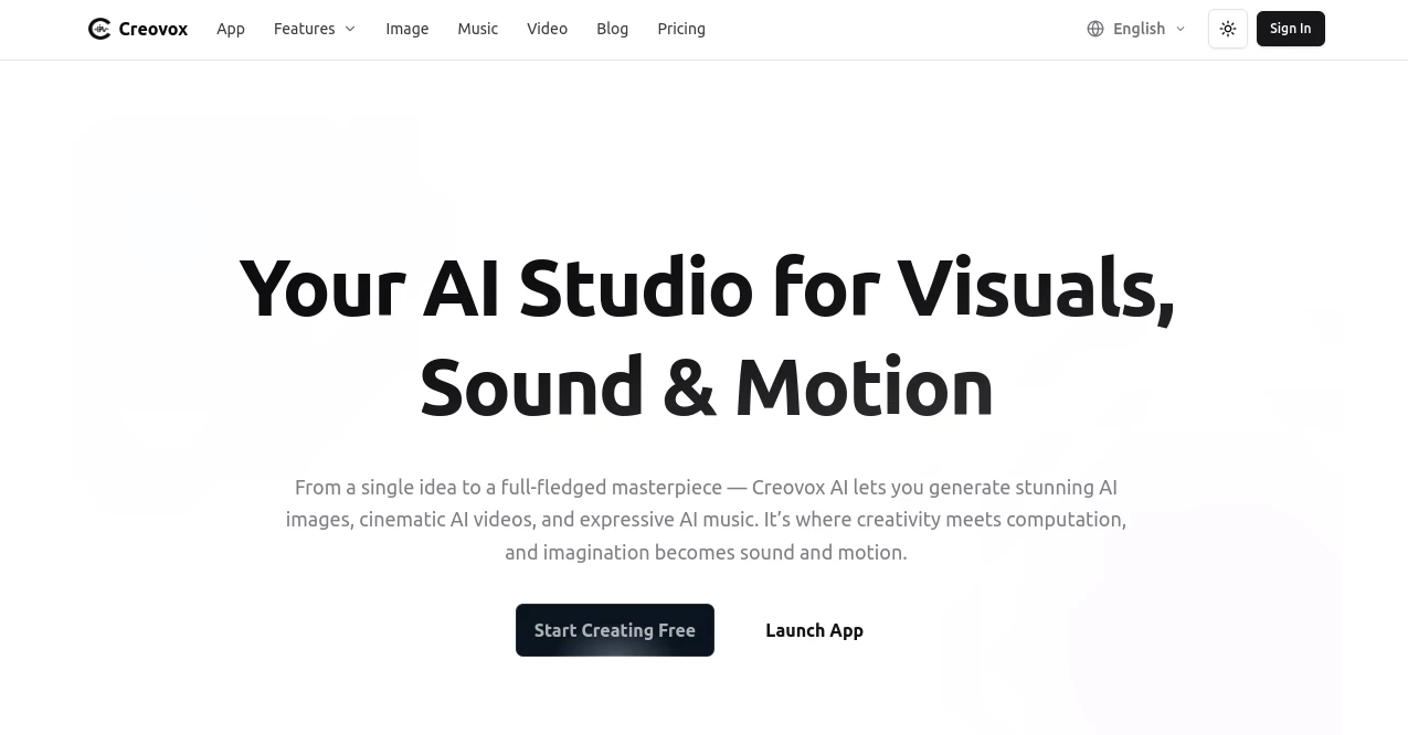 Screenshot of Creovox – An AI tool in the ,AI Photo & Image Generator ,AI Video Generator ,AI Music Generator ,AI Text to Video  category, showcasing its interface and key features.