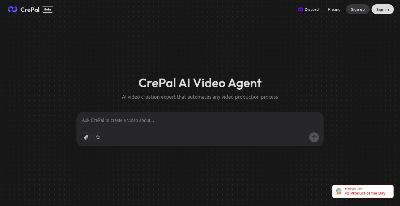 Screenshot of CrePal AI – An AI tool in the ,AI Animated Video ,AI Video Generator ,AI Script Writing ,AI Voice & Audio Editing  category, showcasing its interface and key features.