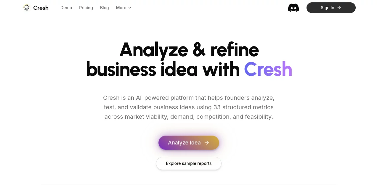 Screenshot of Cresh – An AI tool in the ,AI Research Tool ,AI Business Ideas Generator ,AI Consulting Assistant ,AI Productivity Tools  category, showcasing its interface and key features.