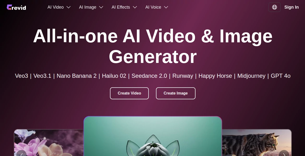 Screenshot of Crevid AI – An AI tool in the ,AI Video Generator ,AI Advertising Assistant ,AI Social Media Assistant ,AI Marketing Plan Generator  category, showcasing its interface and key features.