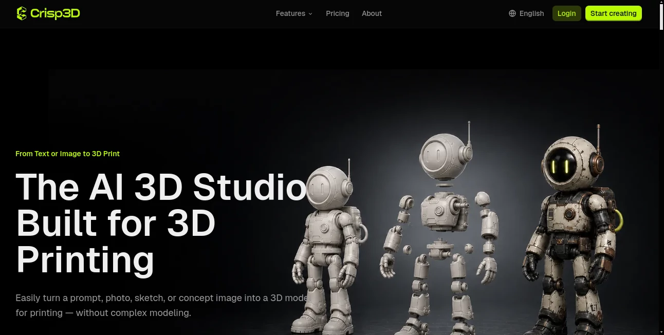 Screenshot of Crisp3D – An AI tool in the ,AI 3D Model Generator ,AI Text to 3D ,AI Image to 3D Model ,3D  category, showcasing its interface and key features.