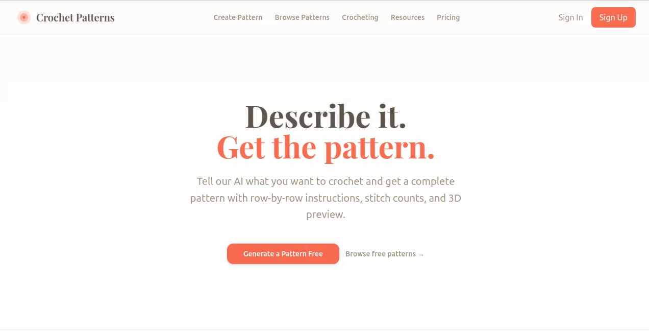 Screenshot of Crochet Patterns – An AI tool in the ,AI Content Generator ,AI Design Generator ,AI Fun Tools ,AI Image to 3D Model  category, showcasing its interface and key features.