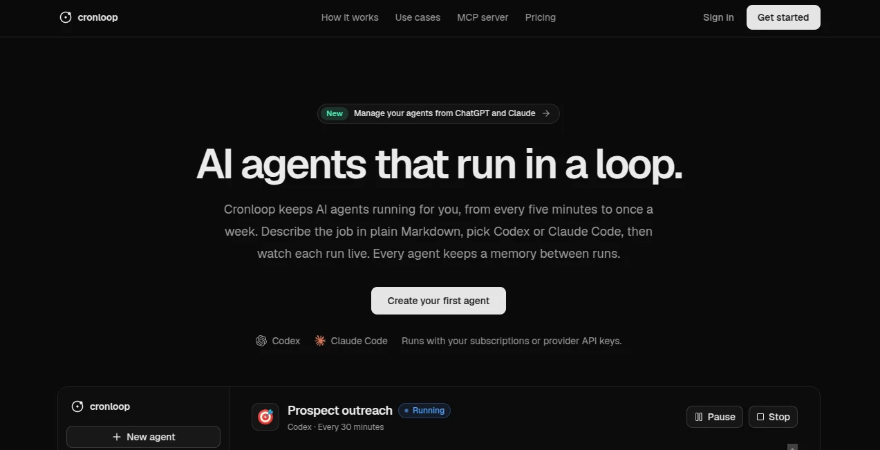 Screenshot of cronloop – An AI tool in the ,AI Workflow Management ,Marketing ,AI Developer Tools ,AI DevOps Assistant  category, showcasing its interface and key features.