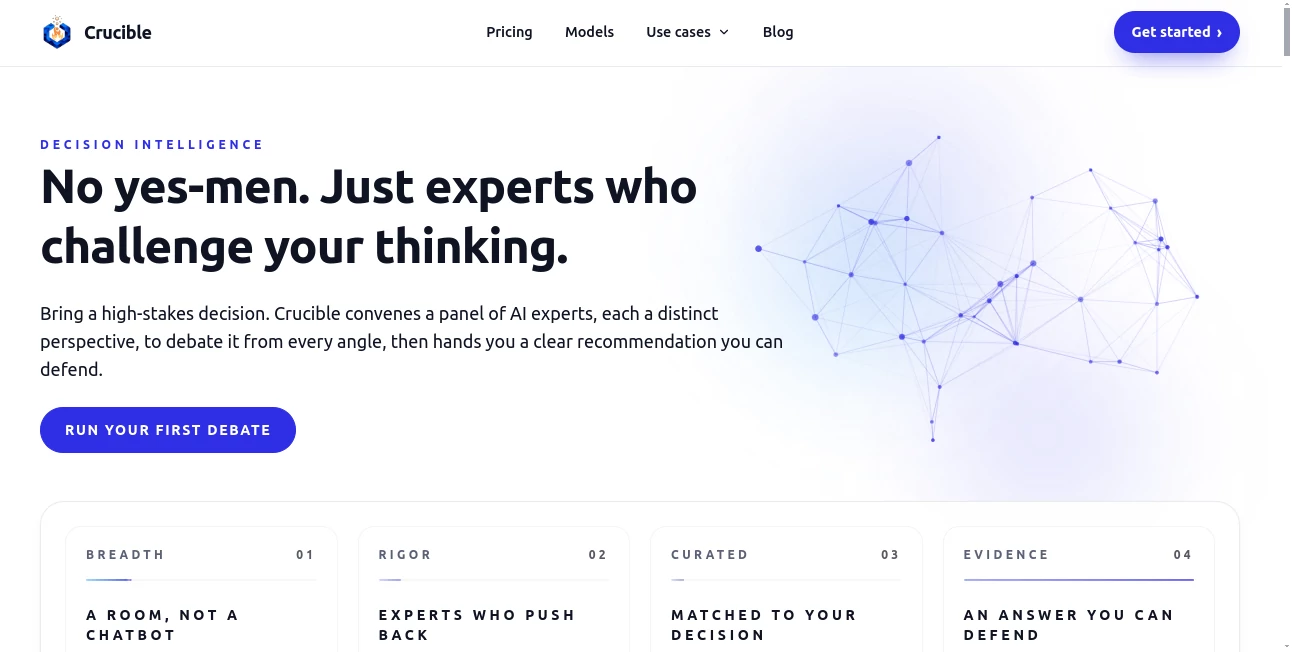 Screenshot of Crucible – An AI tool in the ,AI Developer Tools ,AI Research Tool ,Large Language Models (LLMs) ,Code & IT  category, showcasing its interface and key features.