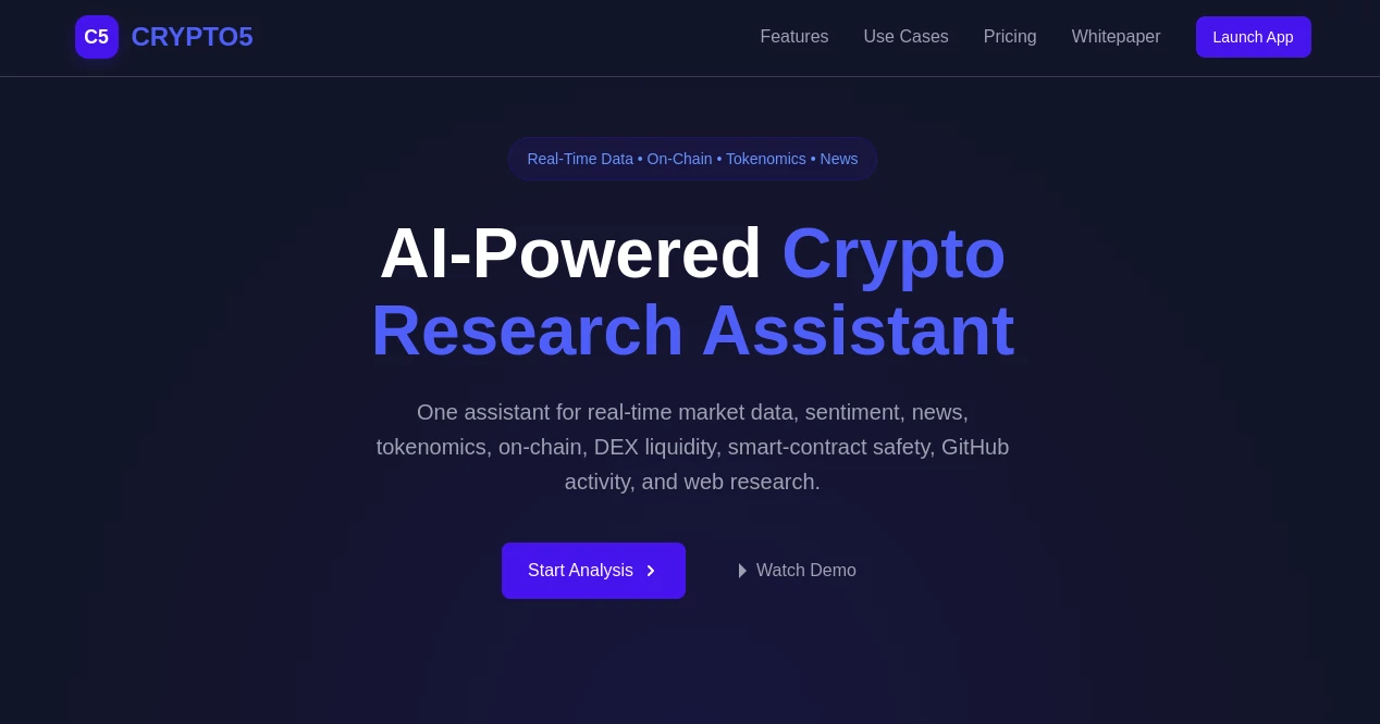 Screenshot of CRYPTO5 – An AI tool in the ,AI Investing Assistant ,AI Research Tool ,AI Analytics Assistant ,AI Trading Bot Assistant  category, showcasing its interface and key features.