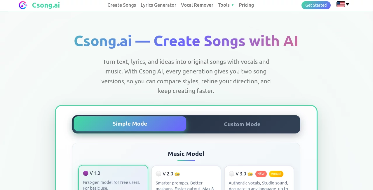 Screenshot of Csong – An AI tool in the ,AI Lyrics Generator ,AI Music Generator ,AI Voice & Audio Editing ,AI Text to Music  category, showcasing its interface and key features.