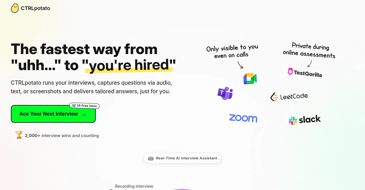 Screenshot of CTRLpotato – An AI tool in the ,AI Response Generator ,AI Productivity Tools ,AI Coaching ,AI Interview Assistant  category, showcasing its interface and key features.