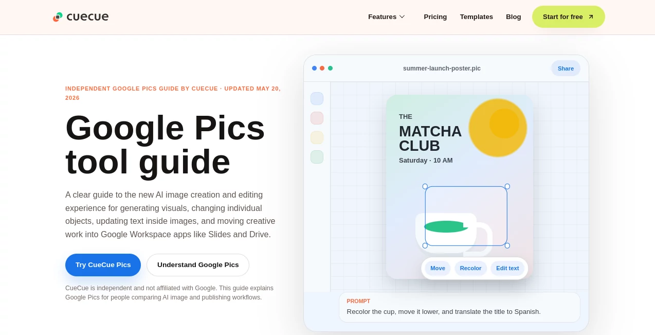 Screenshot of CueCue - Google Pics – An AI tool in the ,Photo & Image Editor ,AI Graphic Design ,AI Design Generator ,AI Image to Image  category, showcasing its interface and key features.