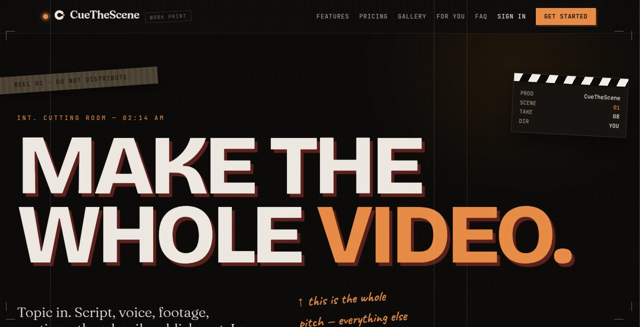Screenshot of CueTheScene – An AI tool in the ,AI Text to Video ,AI Thumbnail Maker ,AI Video Generator ,AI Short Clips Generator  category, showcasing its interface and key features.