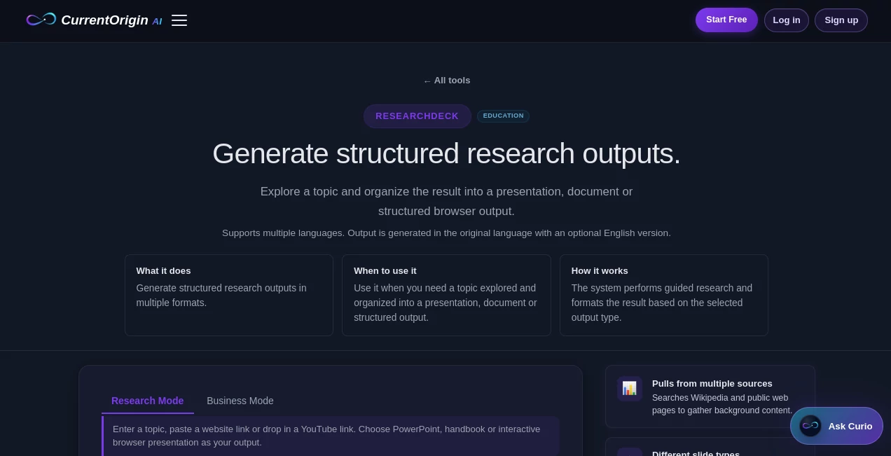 Screenshot of ResearchDeck – An AI tool in the ,AI Research Tool ,AI Education Assistant ,AI Presentation Generator ,AI Productivity Tools  category, showcasing its interface and key features.
