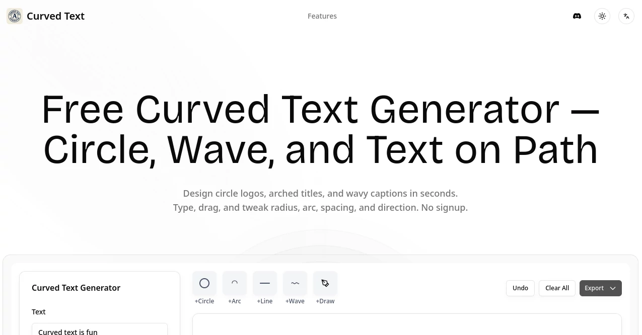 Screenshot of Curved Text Generator – An AI tool in the ,AI Illustration Generator ,Photo & Image Editor ,AI Font ,AI Design Generator  category, showcasing its interface and key features.