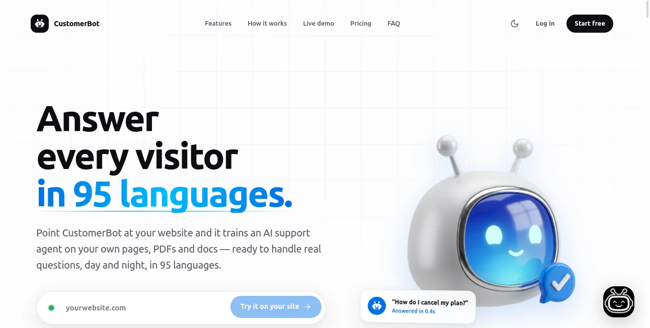 Screenshot of CustomerBot – An AI tool in the ,AI Chatbot ,AI Knowledge Base ,AI Customer Service Assistant ,AI Response Generator  category, showcasing its interface and key features.