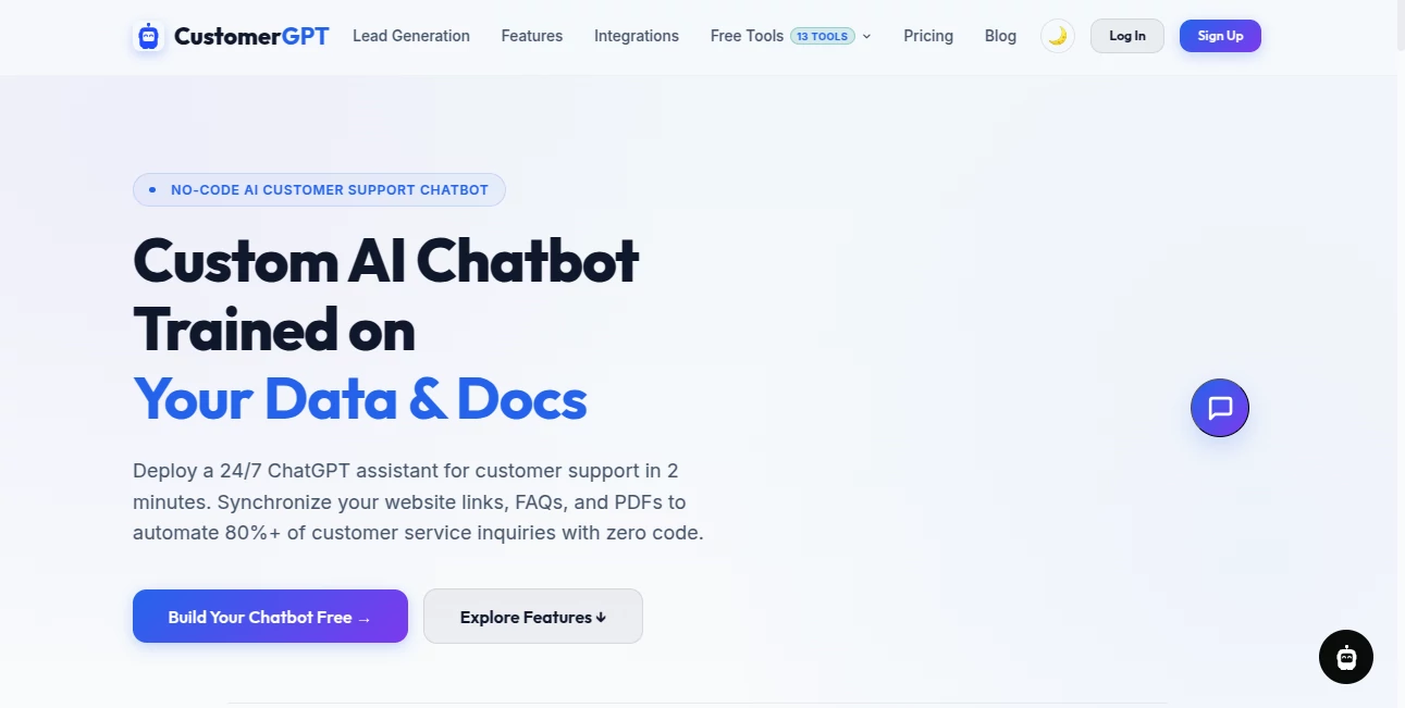 Screenshot of CustomerGPT – An AI tool in the ,AI Lead Generation ,AI Chatbot ,AI Customer Service Assistant  category, showcasing its interface and key features.