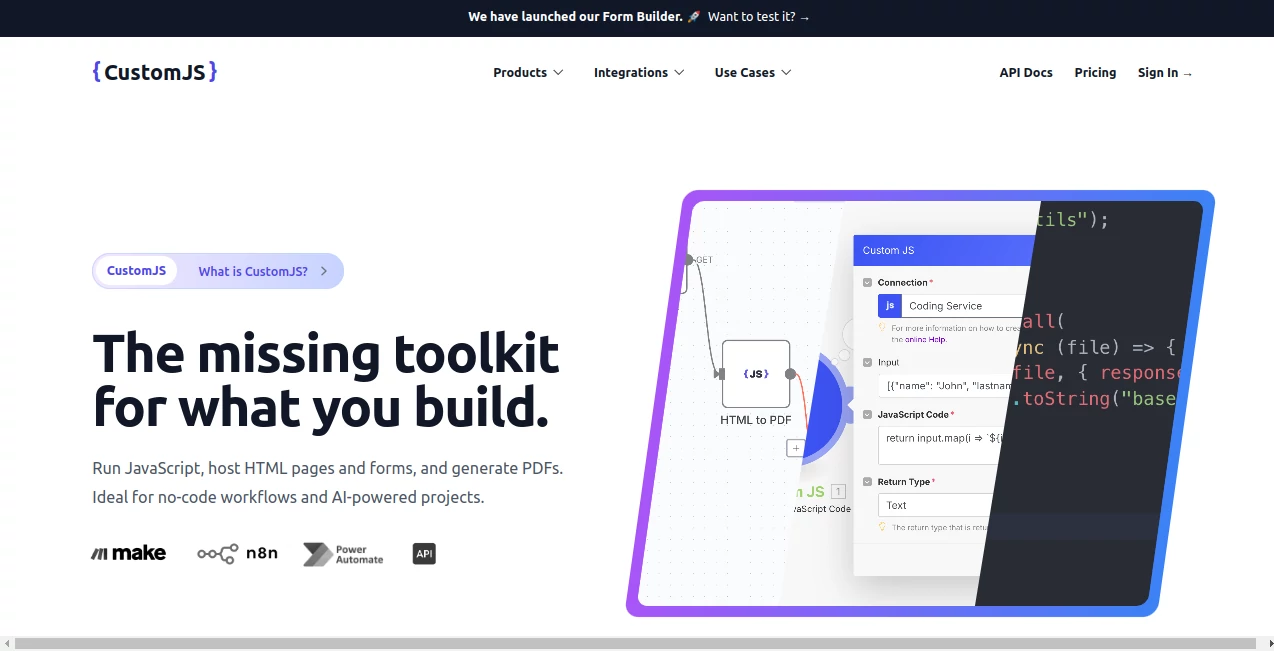 Screenshot of CustomJS – An AI tool in the ,AI No-Code & Low-Code ,AI Code Assistant ,AI Code Generator ,AI Developer Tools  category, showcasing its interface and key features.