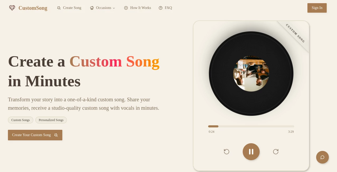 Screenshot of Custom Song – An AI tool in the ,AI Text to Music ,AI Lyrics Generator ,AI Music Generator ,AI Singing Generator  category, showcasing its interface and key features.