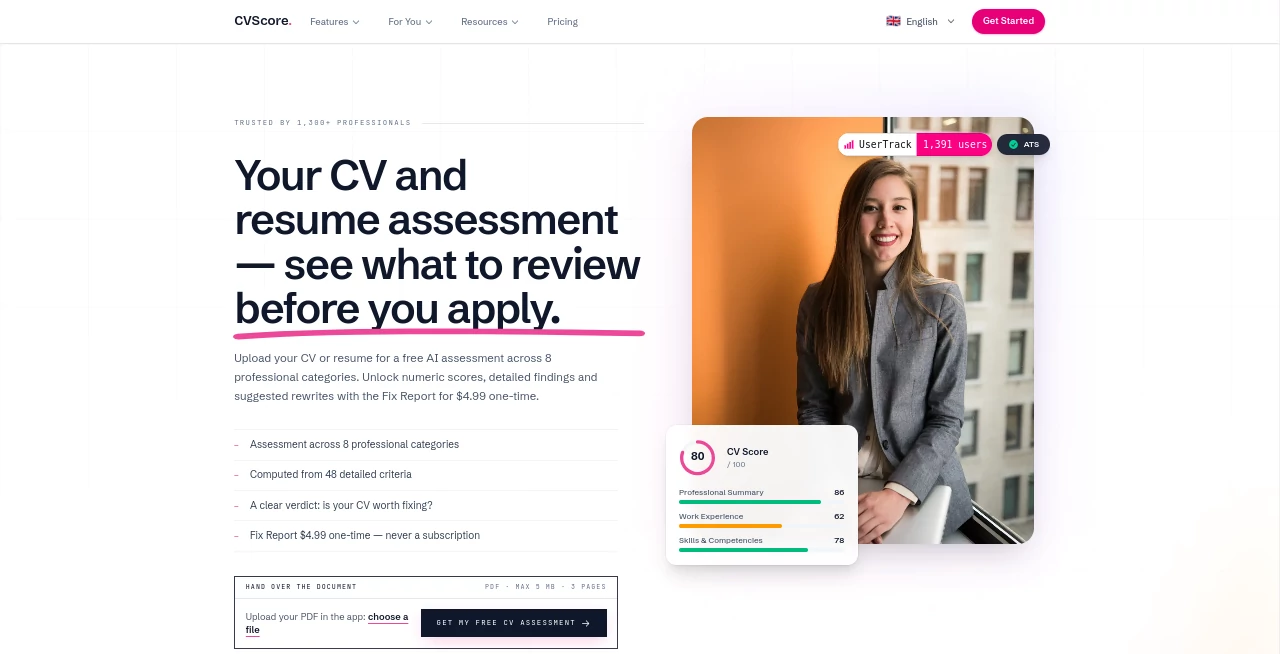 Screenshot of CV Score – An AI tool in the ,AI Documents Assistant ,AI PDF ,Life Assistant ,AI Writing Assistants ,AI Resume Builder  category, showcasing its interface and key features.