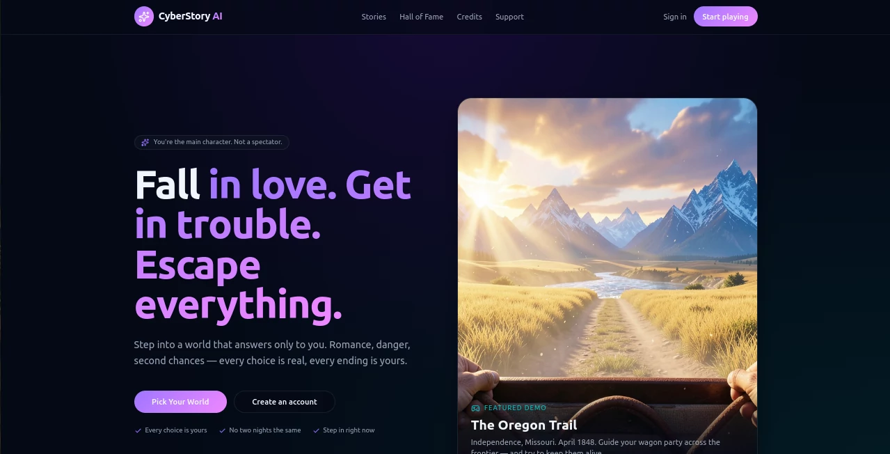 Screenshot of CyberStory AI – An AI tool in the ,AI Story Writing ,AI Creative Writing ,AI Chatbot ,AI Fun Tools  category, showcasing its interface and key features.