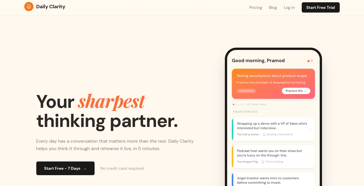 Screenshot of Daily Clarity – An AI tool in the ,AI Life Assistant ,AI Productivity Tools ,AI Mental Health ,AI Notes Assistant  category, showcasing its interface and key features.