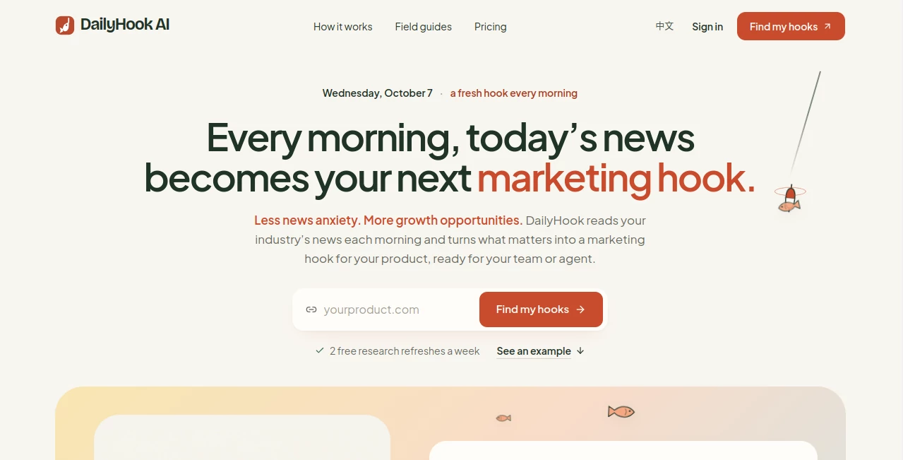 Screenshot of DailyHook AI – An AI tool in the ,AI Research Tool ,AI Marketing Plan Generator ,AI Digital Marketing Generator ,Marketing  category, showcasing its interface and key features.