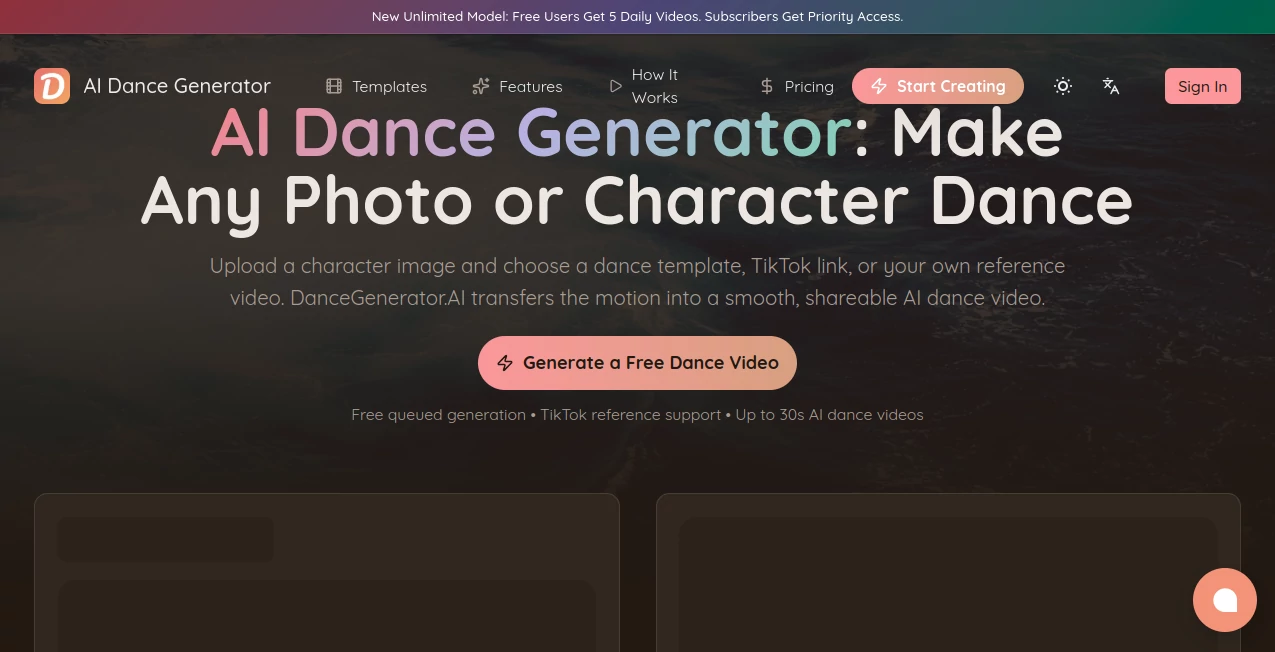 Screenshot of AI Dance Generator – An AI tool in the ,AI Animated Video ,AI Image to Video ,AI Fun Tools ,AI Video Generator  category, showcasing its interface and key features.