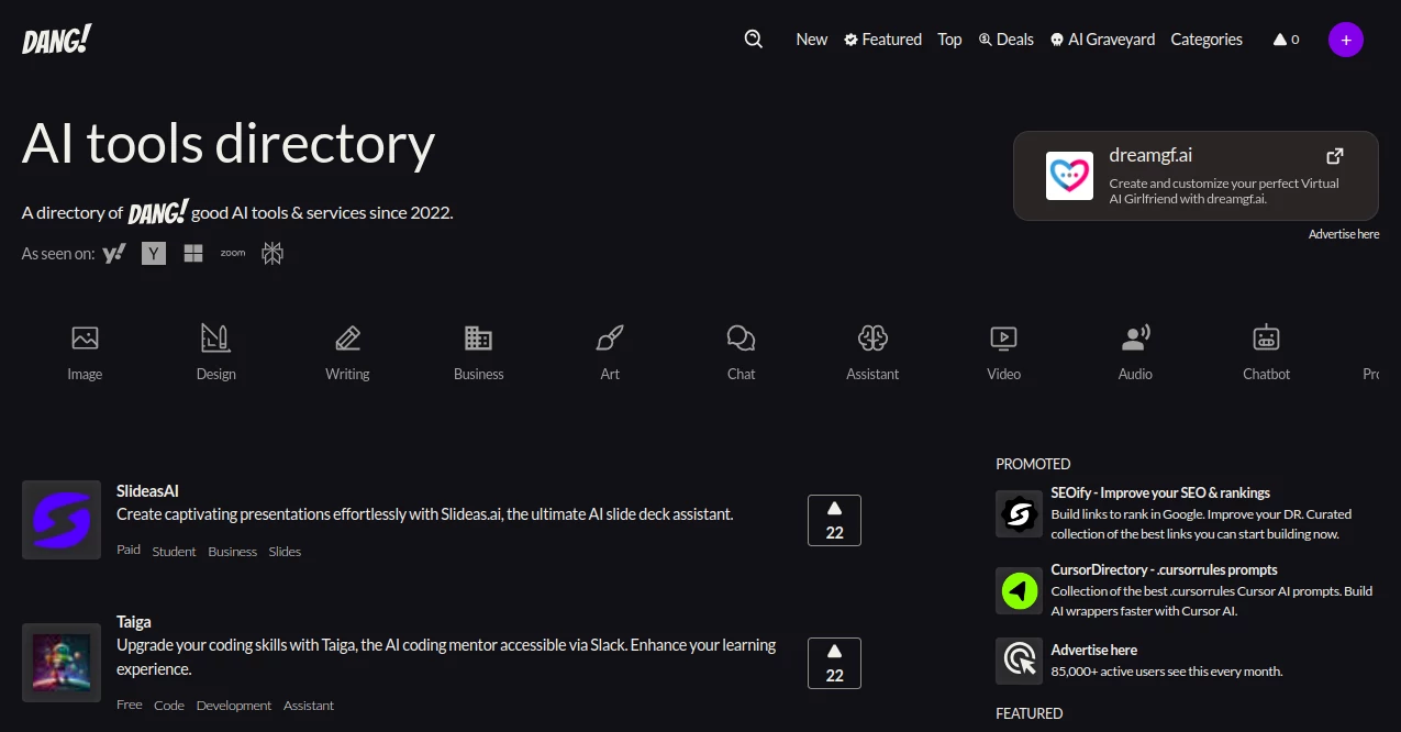 Screenshot of Dang AI – An AI tool in the ,AI Tools Directory  category, showcasing its interface and key features.