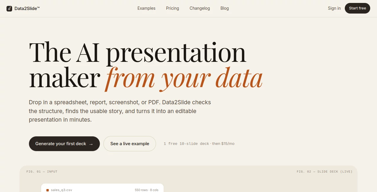 Screenshot of Data2Slide – An AI tool in the ,AI Design Generator ,AI Presentation Generator ,AI Productivity Tools ,AI Documents Assistant  category, showcasing its interface and key features.