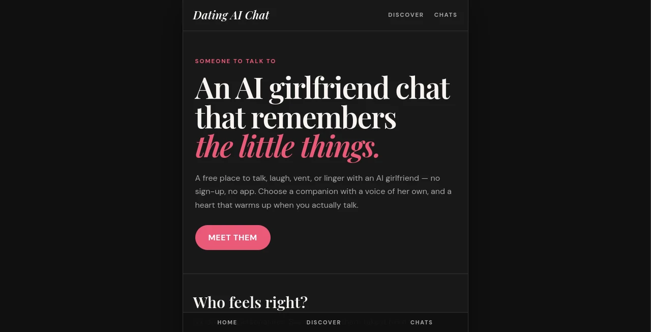 Screenshot of Dating AI Chat – An AI tool in the ,AI Girlfriend ,Chatbot  category, showcasing its interface and key features.