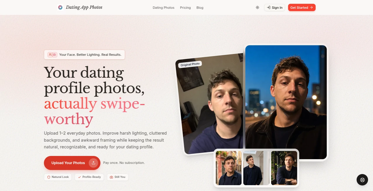 Screenshot of Dating App Photos – An AI tool in the ,AI Selfie & Portrait ,AI Dating Assistant  category, showcasing its interface and key features.