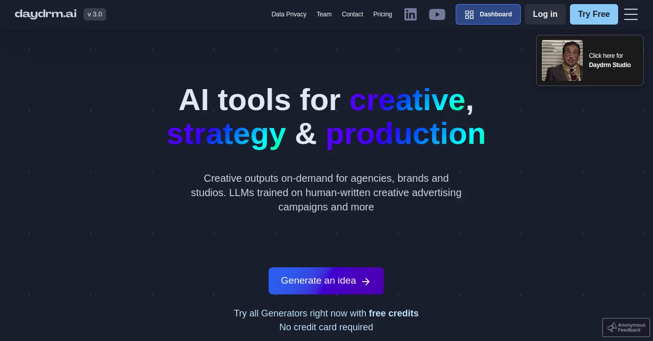 Screenshot of Daydrm AI – An AI tool in the ,AI Creative Writing ,AI Ad Generator ,AI Content Generator ,AI Marketing Plan Generator  category, showcasing its interface and key features.