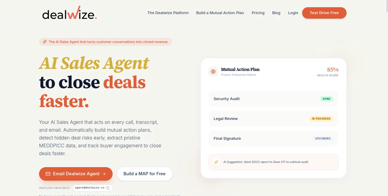 Screenshot of Dealwize – An AI tool in the ,AI Sales Assistant ,AI Meeting Assistant ,AI Team Collaboration ,AI CRM Assistant  category, showcasing its interface and key features.