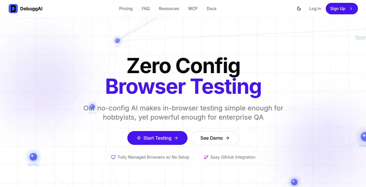 Screenshot of DebuggAI – An AI tool in the ,AI Code Assistant ,AI Code Explanation ,AI Testing & QA ,AI Developer Tools  category, showcasing its interface and key features.
