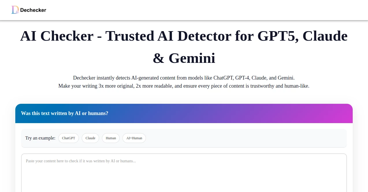 Screenshot of Dechecker – An AI tool in the ,AI Checker Essay ,AI Plagiarism Checker ,AI Grammar Checker ,AI Content Detector  category, showcasing its interface and key features.