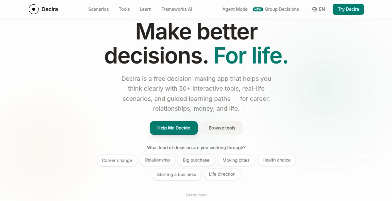 Screenshot of Decira – An AI tool in the ,AI Life Assistant ,AI Coaching  category, showcasing its interface and key features.