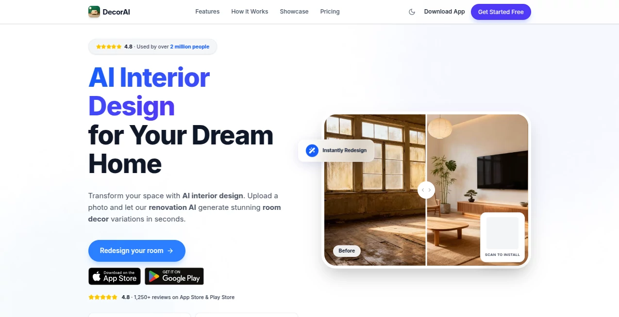 Screenshot of DecorAI – An AI tool in the ,AI Design Generator ,AI Graphic Design ,AI Interior & Room Design ,AI Design Assistant  category, showcasing its interface and key features.