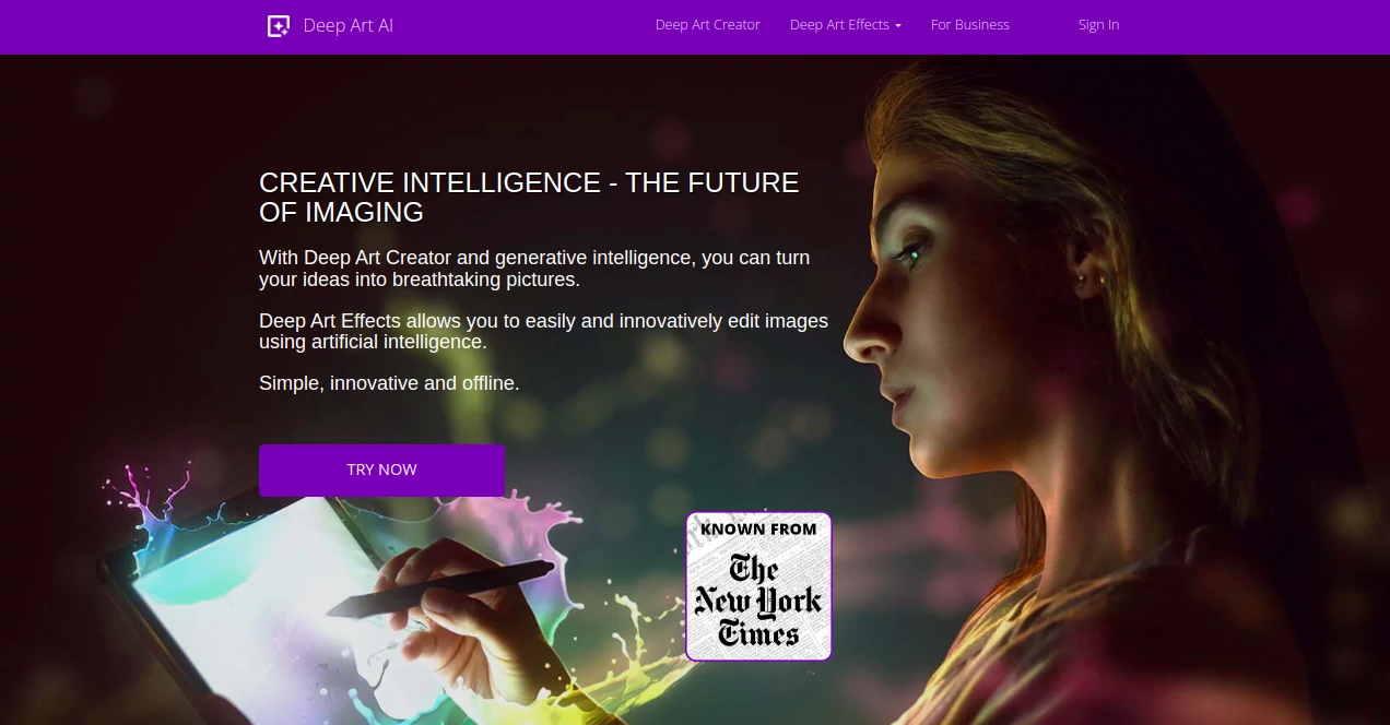 Screenshot of Deep Art AI – An AI tool in the ,AI Photo Enhancer ,Photo & Image Editor ,AI Art Generator ,AI Illustration Generator  category, showcasing its interface and key features.
