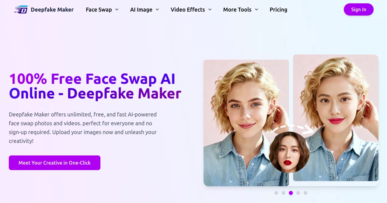 Screenshot of Deepfake Maker – An AI tool in the ,AI Image to Video ,Photo & Image Editor ,AI Video Generator ,AI Face Swap Generator  category, showcasing its interface and key features.