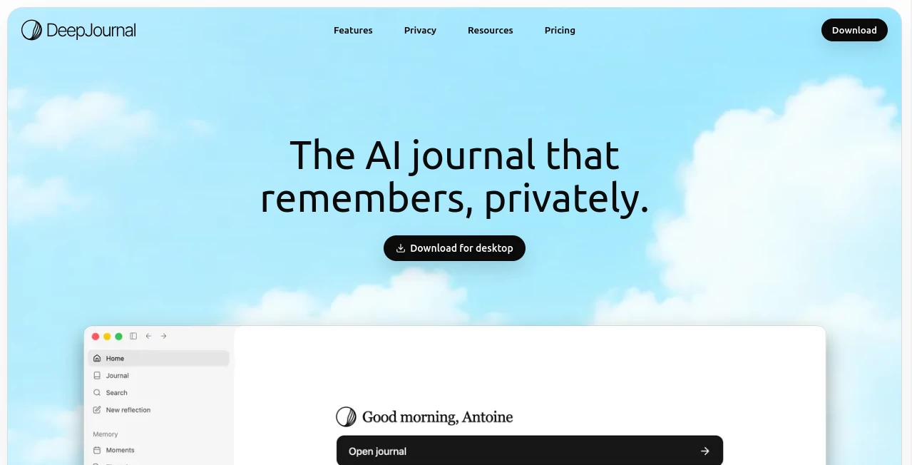 Screenshot of DeepJournal – An AI tool in the ,AI Life Assistant ,AI Mental Health ,AI Knowledge Management ,AI Notes Assistant  category, showcasing its interface and key features.