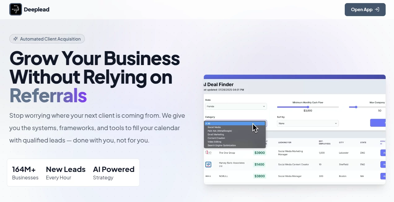 Screenshot of Deeplead – An AI tool in the ,AI Sales Assistant ,AI CRM Assistant ,AI Email Marketing ,AI Lead Generation  category, showcasing its interface and key features.