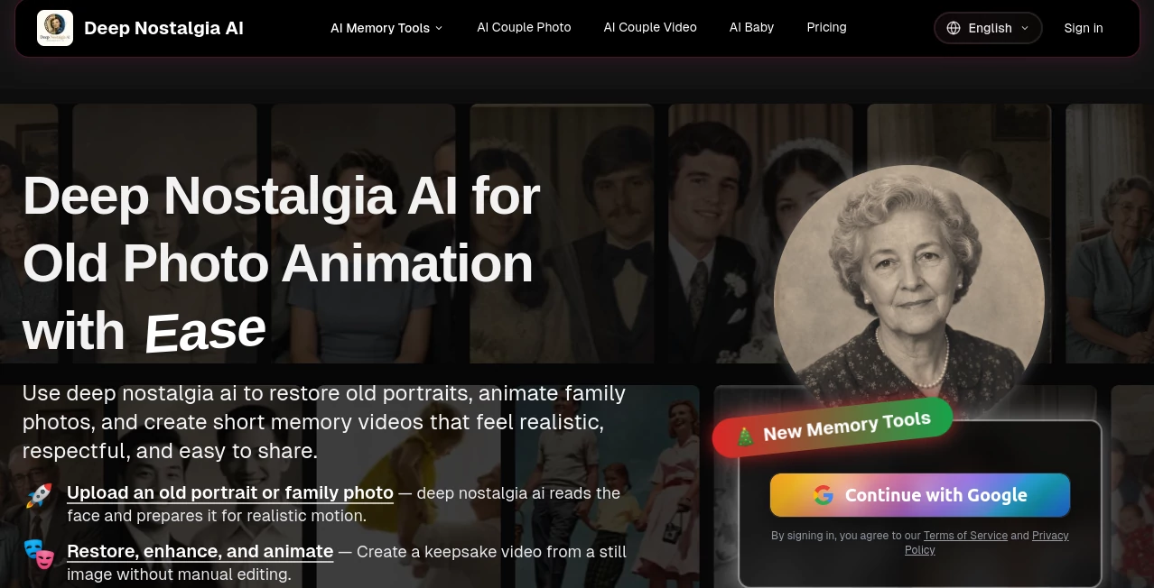 Screenshot of Deep Nostalgia AI – An AI tool in the ,AI Photo & Image Generator  category, showcasing its interface and key features.